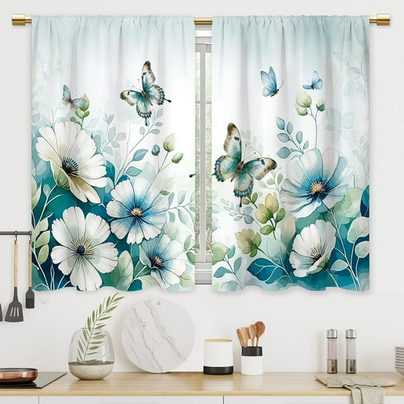 Teal Green Flower Butterfly Kitchen Curtains Floral Plant Leaves Bathroom Curtains Window Treatment Drapes Tier Botanical Cafe Small Bedroom Short French Door Curtains 2 Panels 28x40 Inch