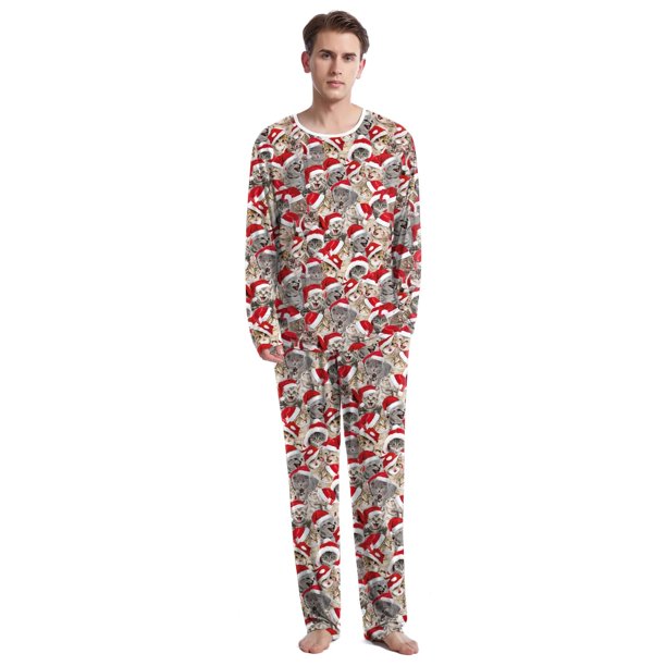 FCCEXIO-Conjunto de pijamas con estampado Digital de Navidad para pareja, ropa de dormir de manga larga con cuello redondo y pantalones para el hogar, 2 piezas