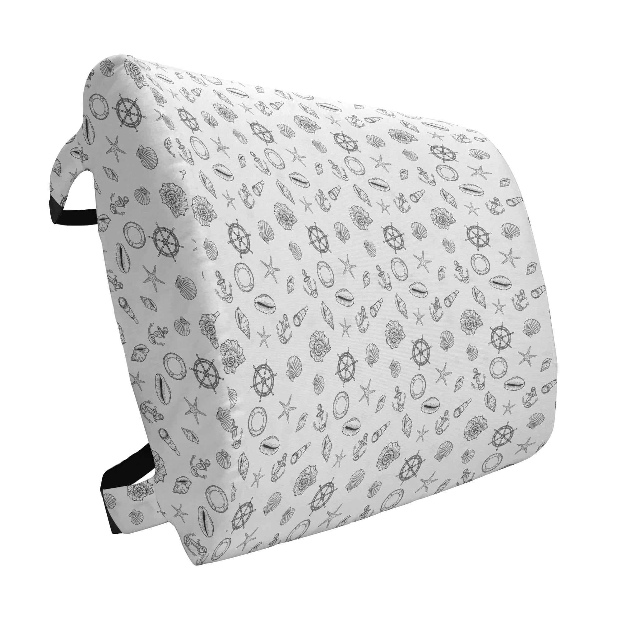 Sea Shells Lumbar Pillow, Hand Drawn Monochrome Nautical Elements Helm Anchor Starfish Design, Soft Back Cushion Office Chairs with Adjustable Straps, 14' x 13', White and Charcoal Grey, by Ambesonne