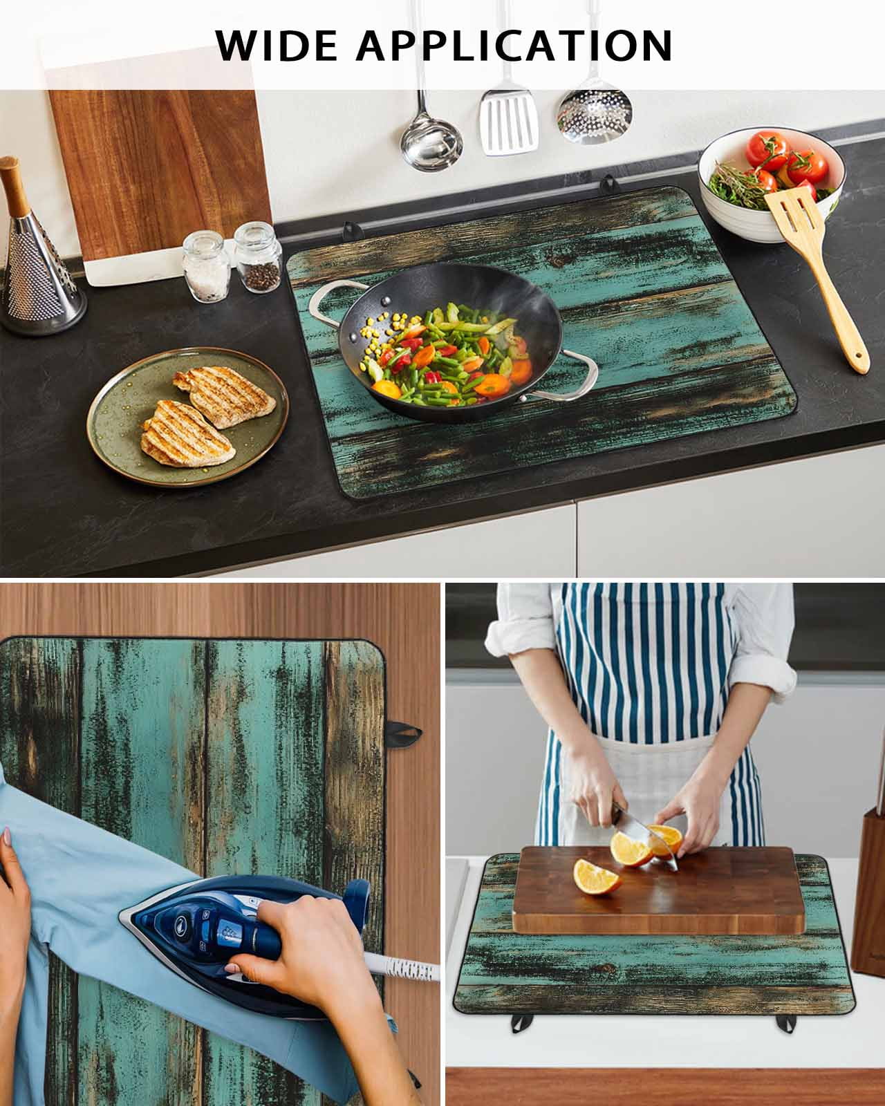 nqOlkjepod Large Induction Cooktop Protector Mat 28.5"x20.5", Teal Brown Plank Stove Top Covers for Electric Stove, Farmhouse Vintage Shabby Wood Grain Stove Burner Cover Mats, Glass Top Stove Cover