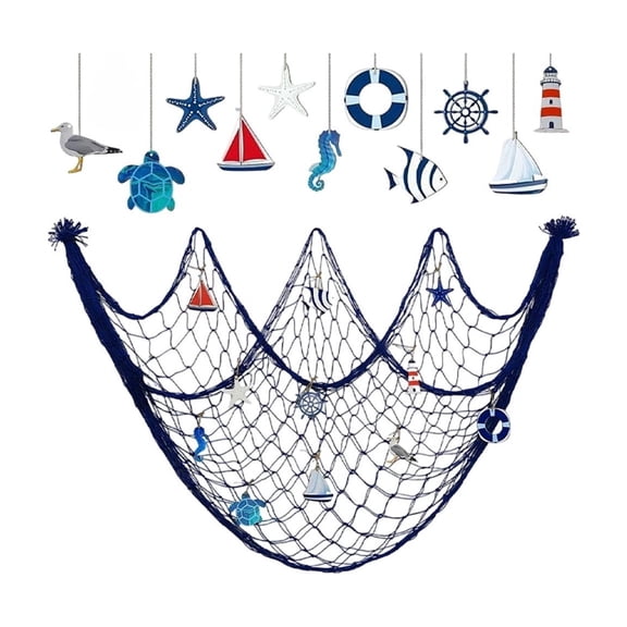 SLYNSHome Cotton Rope Nautical Fishing Net Wall Hanging,Dark Blue Photo Display Mesh With Ornaments, Coastal Style Woven Net For Bedroom Living Room Wall Photo Decor
