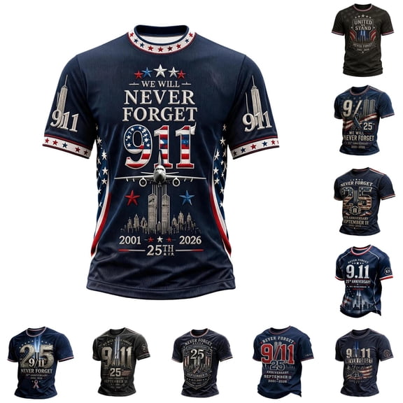 Men's 9/11 25th Anniversary Memorial Shirt American Flag Patriotic Crewneck Short Sleeve 911 Tee Tops