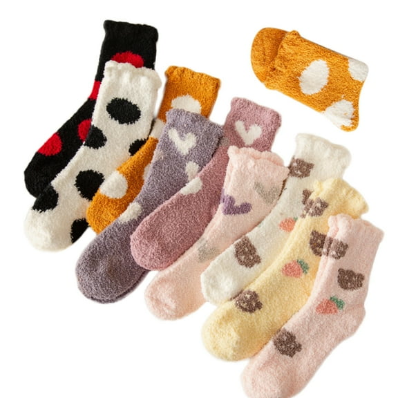 10 Pairs Women Winter Microfiber Fuzzy Slipper Crew Socks Japanese Kawaii Heart Dot Bear Printed Fluffy Warm Sleeping Hosiery Random