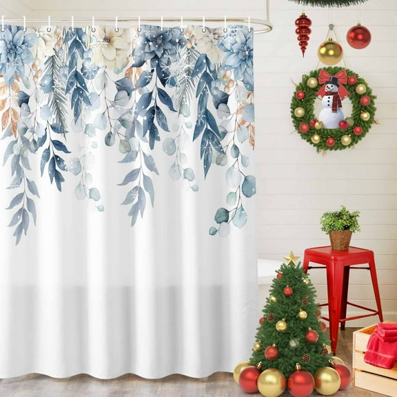 Shower Curtain Bathroom Set Christmas Poinsettia Blue Eucalyptus Leaf Waterproof Fabric Shower Curtains with Grommets&Hooks Xmas Leaves on White Privacy Bath Curtain for Bathtub 36x72in