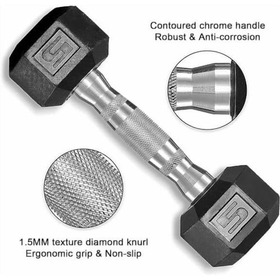 LIFERUN Black Rubber Coated Cast Iron Hex Dumbbell, 30-85lb