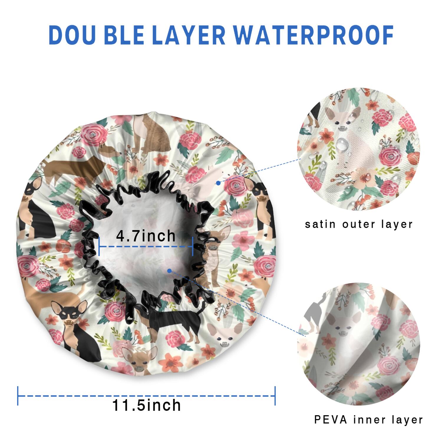 Shower Caps,Chihuahua and Pioneer Flower Waterproof Shower Cap for Women 4 Pieces,Double Reusable Hair Cover for Shower PEVA Elastic Stretch Hem