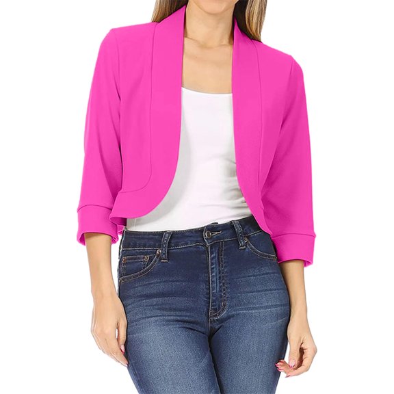 Aayomet Womens Blazer Casual Solid Color Three Quarter Sleeve Sleeve Cardigan Short Small Coat (Hot Pink, L)