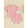 thumbnail image 2 of Biekopu Baby Girls 2 Piece Outfit Solid Color Ribbed Short Sleeve T-Shirt and Elastic Shorts Set Cute Summer Clothes, 2 of 9