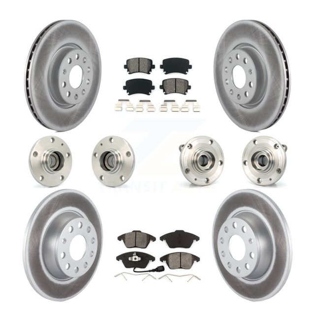 Transit Auto Front Rear Hub Bearings Assembly Coated Disc Brake Rotors and Semi-Metallic Pads Kit (10Pc) for Car Volkswagen Passat Eos - Left Right Side (Driver Passenger) KBB-112054