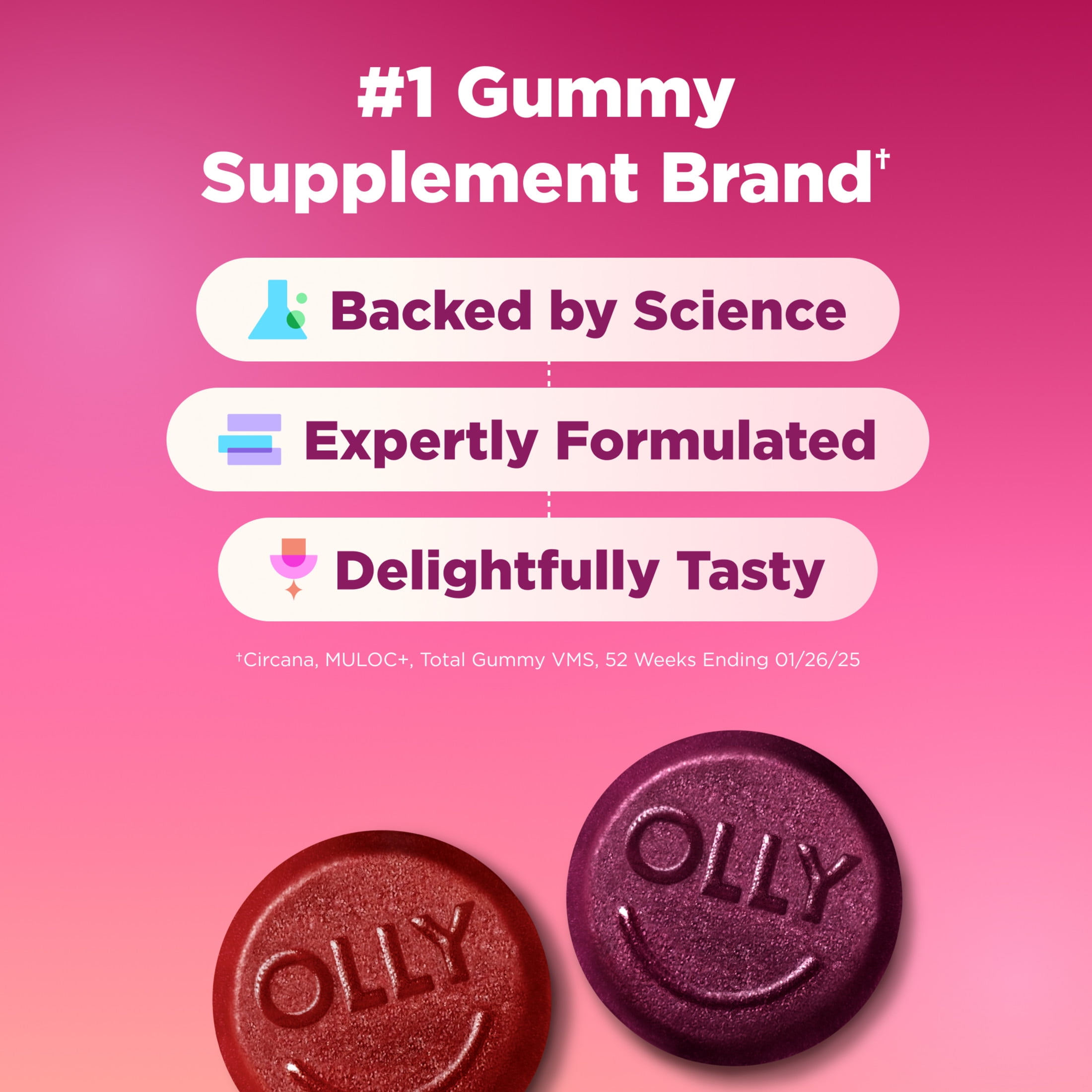 (3 pack) OLLY Women's Multivitamin Gummy Supplement, Vitamins A, D, C, E, Biotin, Folic Acid, 90 Count