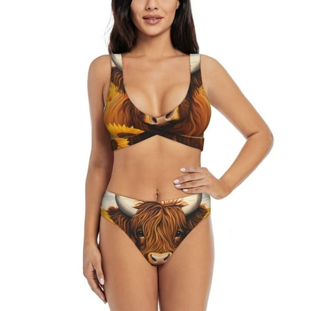 Zeuib Countryside Sunflower Cow High Waisted Tummy Control Bikini Set - Knot Front Push Up Top & Cheeky Thong Bottom  Two-Piece Swimsuit for Women-Medium