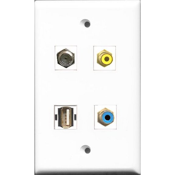 RiteAV 1 Port RCA Yellow and 1 Port RCA Blue and 1 Port Coax Cable TV- F-Type and 1 Port Shielded Cat6 Ethernet Wall Plate