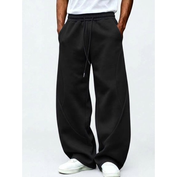 Mens Wide Leg Pants Baggy Loose Fit Polyester Trousers Elastic Waist Drawstring Streetwear Pants for Men with Pockets | Zenithor,Black L