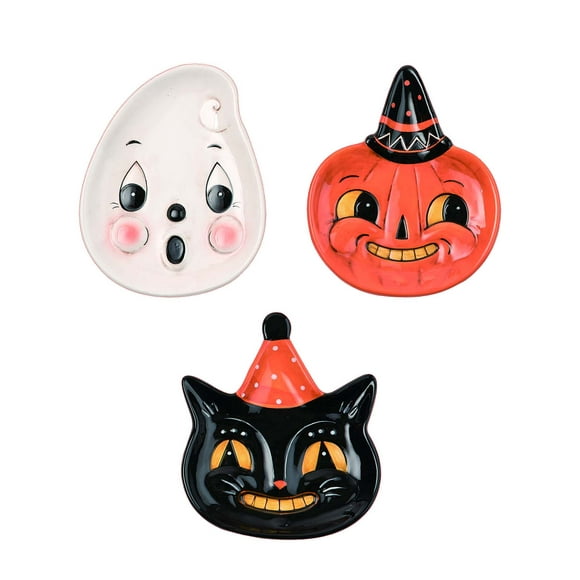Johanna Parker Design Dolomite Set of 3 Halloween Snack Plates Cat Ghost Pumpkin Halloween