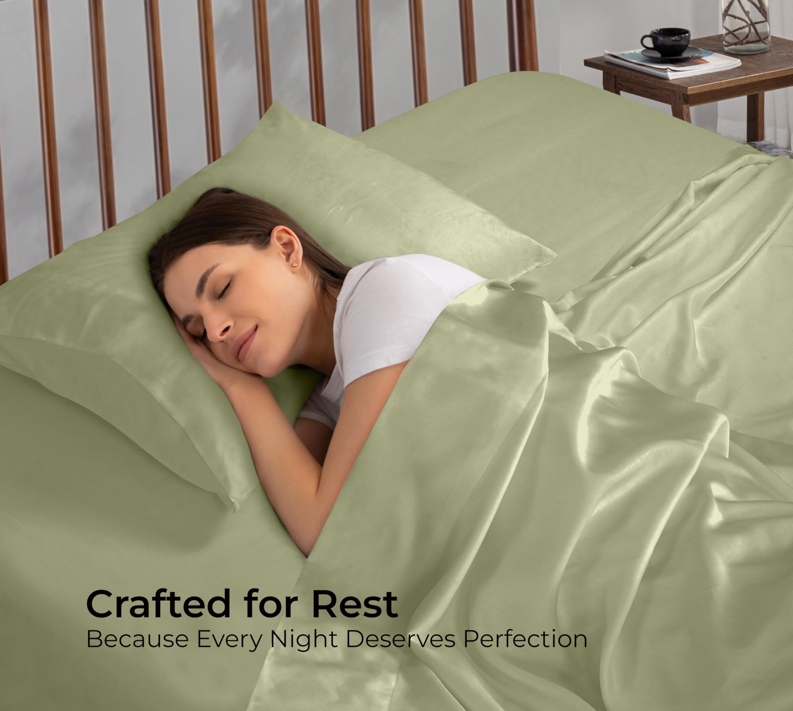 Royale Linens Bamboo Queen Flat Sheets Only - Cooling Sheets - Organic Viscose Derived from Bamboo - Queen Size Flat Sheet Only - Top Sheet - Breathable & Silky Bedding (Queen, Sage Green)