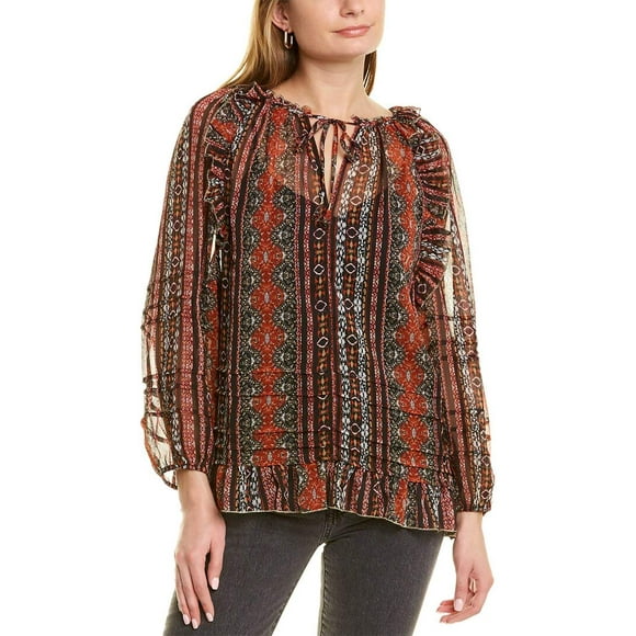 Lucky Brand Women's Long Sleeve Chiffon Printed Peasant Top, Black Multi, S