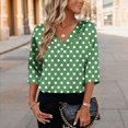 thumbnail image 3 of JoveMarine Women's V-Neck 3/4 Sleeve Satin Blouse with Polka Dot Print Loose Fit Lightweight Top for Spring/Summer Daily Wear Army Green L, 3 of 6