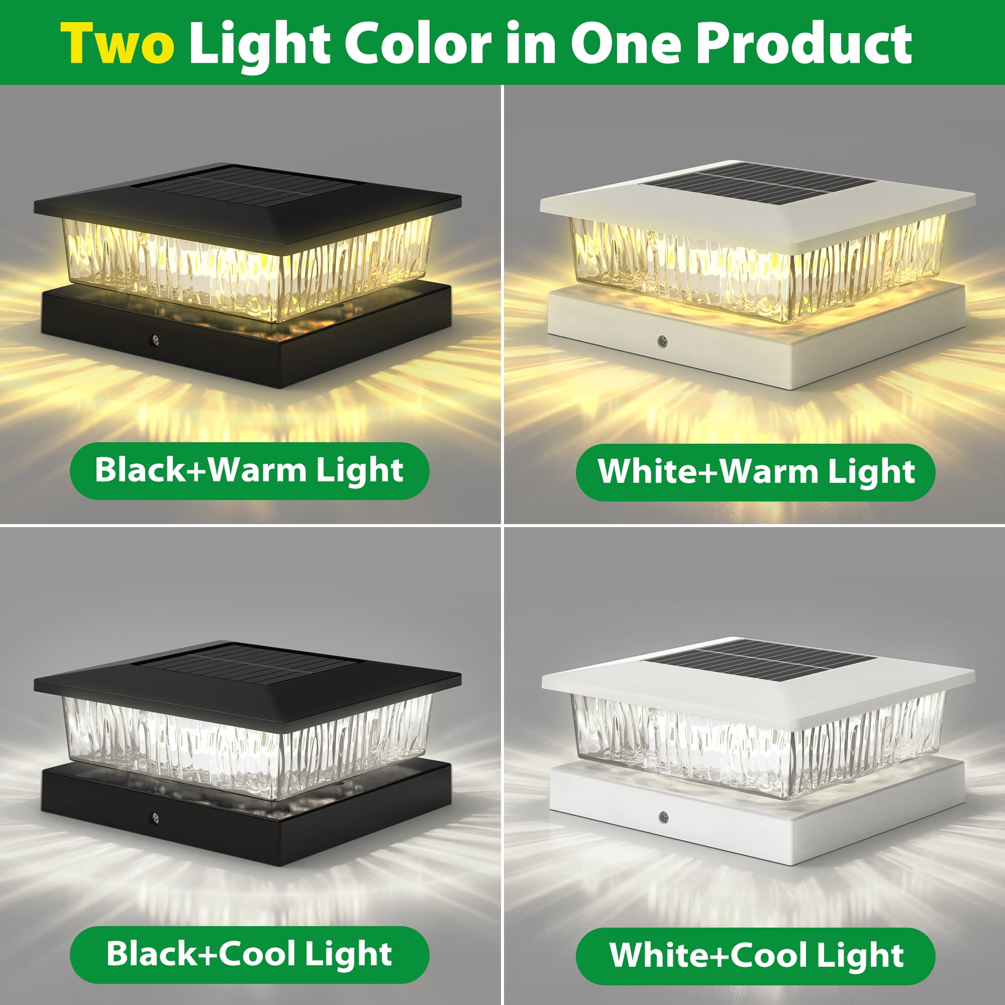 8PK 4”x4“ Solar Post Cap Lights, Fits 4 x 4 Wooden/Vinyl Posts, 32 LED Dual Color Cool White & Warm White, Solar Fence Post Lights 800mAh Outdoor Solar Lights
