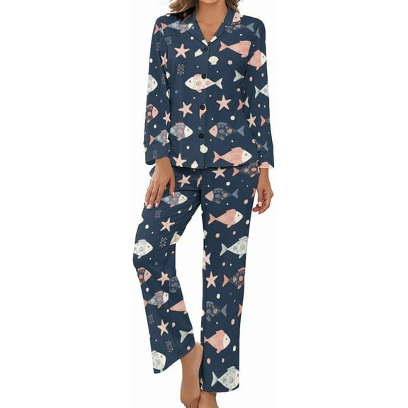 Top-kevin Women's Pajama Sets Flamingo Hearts Dots Pattern Long Sleeve Lounge Sets Pjs Sleepwear with Pockets