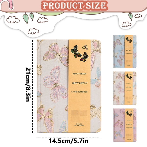 A5 Butterfly Embroidery Fabric Hardcover Journal 4-in-1 Inner Pages Lined Grid Blank Dot Grid 114 Pages 100gsm Thick Paper Writing Notebook - White