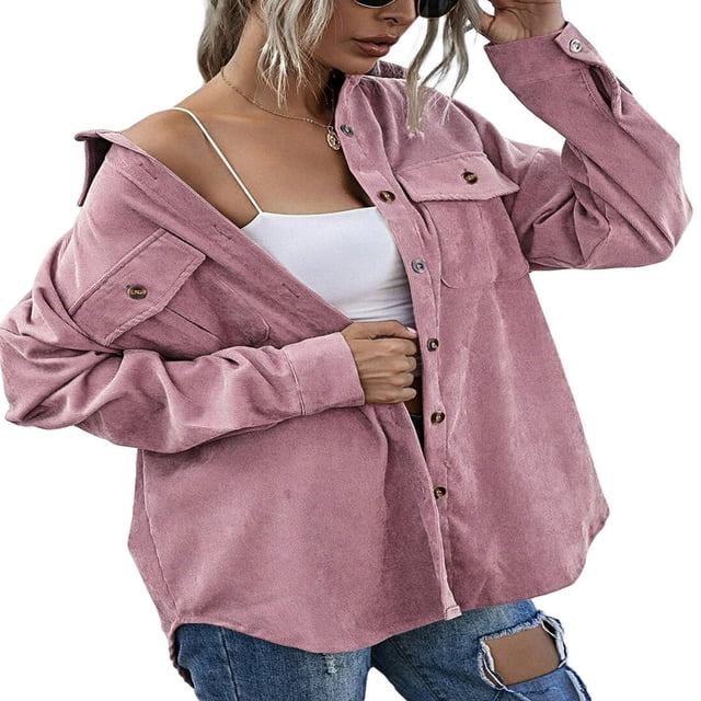 Womens Corduroy Autumn Shirt Jacket Lapel Button-down Long Sleeve Solid Color Shacket Jacket