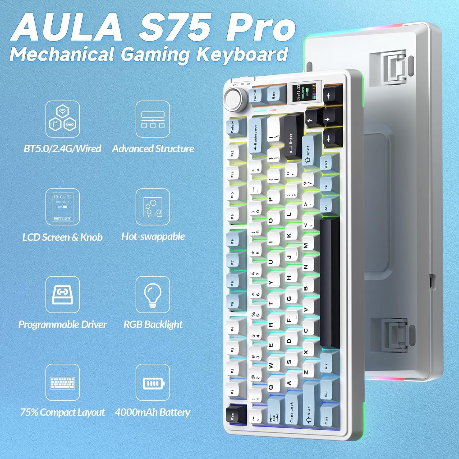 Restored AULA S75 PRO Wireless Mechanical Keyboard with Screen&Knob, 75% Hot Swappable Gaming Keyboard with Pre-lubed Switches, RGB Backlit, PBT Keycaps Creamy Sounding Pc Gaming Keyboards