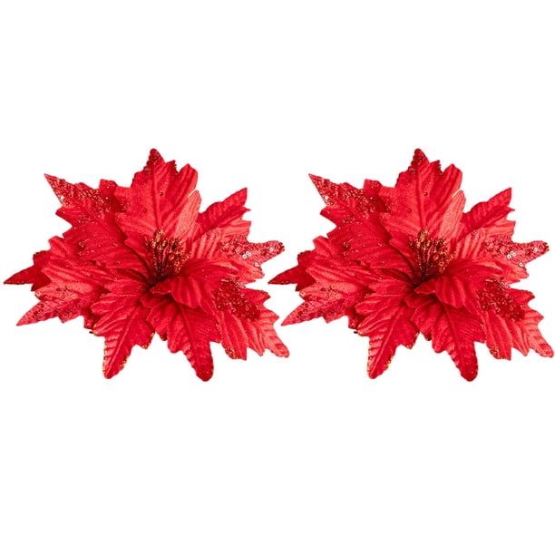 Moyic 2 piezas 25cm brillo Poinsettia de árbol de Navidad Navidad flores artificiales de franela fiesta foto Prop vacaciones Decoración del hogar Rojo