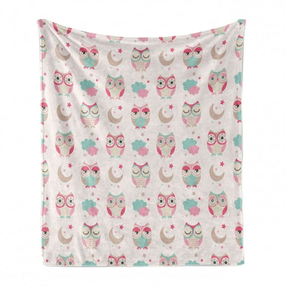 Owls Soft Flannel Fleece Blanket, Owls Stars Moon Patterns in Feminine Soft Colors Symmetric Design Artwork, Cozy Plush for Indoor and Outdoor Use, 50" x 60", Almond Green Pink Tan, by Ambesonne
