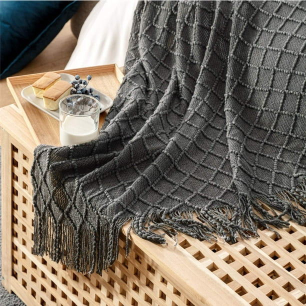 Bamaia 100 Acrylic Knit Throw Blanket 50 60 Inch Soft Warm Cozy Lightweight Decorative Blanket With Tassels For Couch Bed Sofa Travel Dark Gr