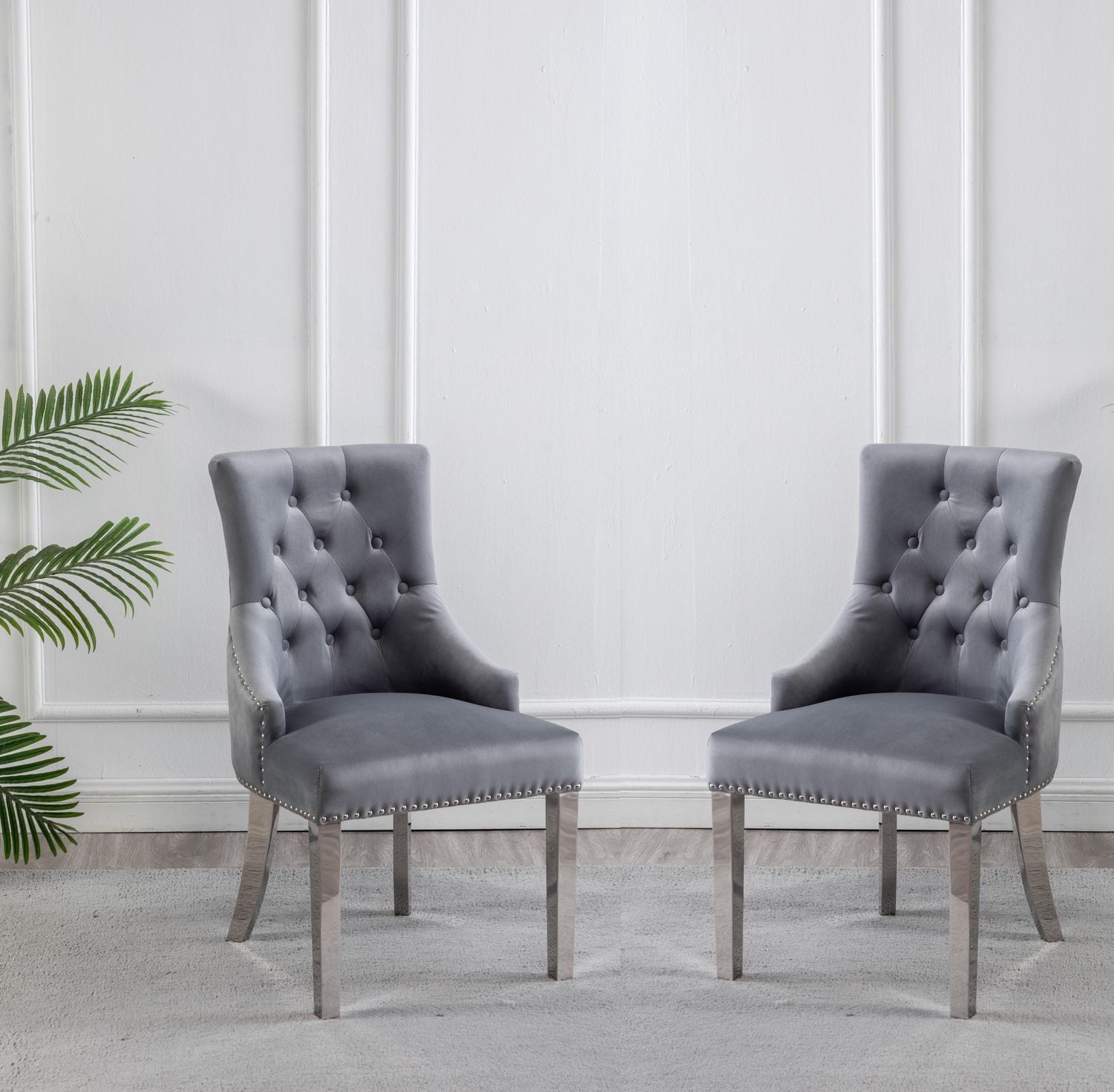 CHAISES K-LIVING FANCY EN VELOURS COULEUR GRIS AVEC PIEDS EN ACIER INOXYDABLE ET POIGNÉE ARRIÈRE ROBUSTE (2 CHAISES)