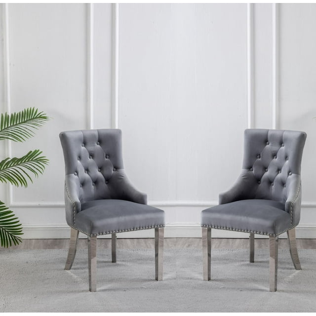 CHAISES K-LIVING FANCY EN VELOURS COULEUR GRIS AVEC PIEDS EN ACIER INOXYDABLE ET POIGNÉE ARRIÈRE ROBUSTE (2 CHAISES)