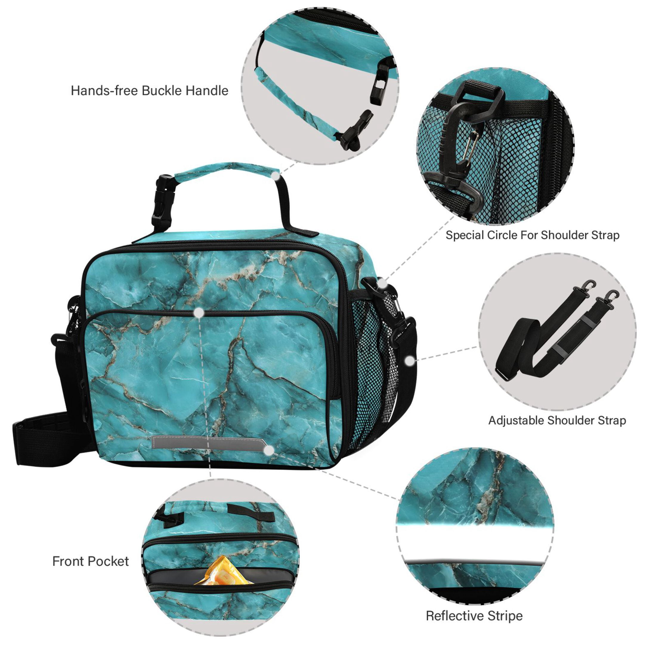 ALAZA Turquoise Marble Lunch Box Insulated Cooler Bag Reusable Tote Bags Shoulder Strap