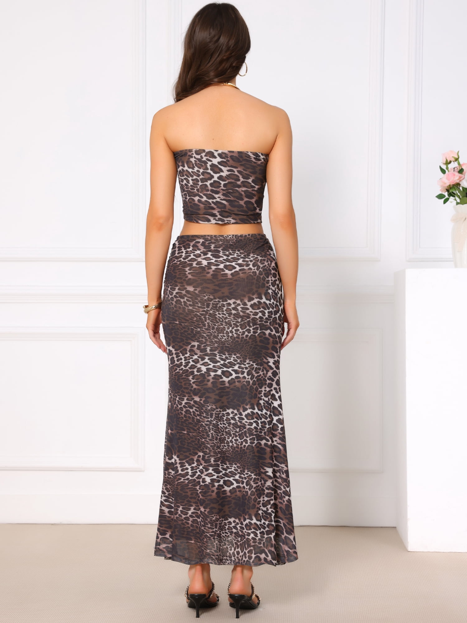 DARING DIVA Women's Two Piece Skirt Set Leopard Crop Top Skirts XL Brown