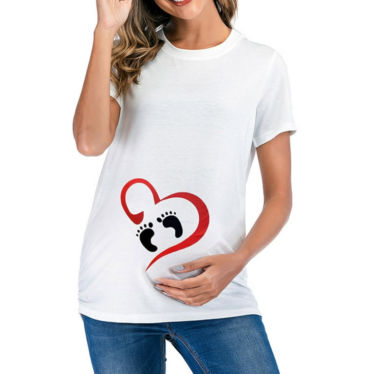 Juebong Women's Maternity Active Tops Loose Fit Short Sleeve Tunic Shirts  Cute Heart Print Crewneck Pregnancy Clothes Comfy Nursing Tee Shirts 