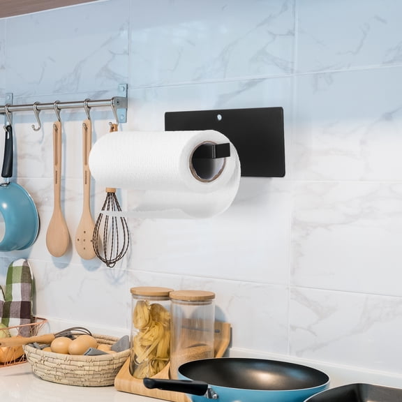 2‑Pack Black Paper Towel Holders with Magnetic & Adhesive Installation, Wall Mounted Paper Towel Rack for Kitchen, Bathroom, and Laundry Room