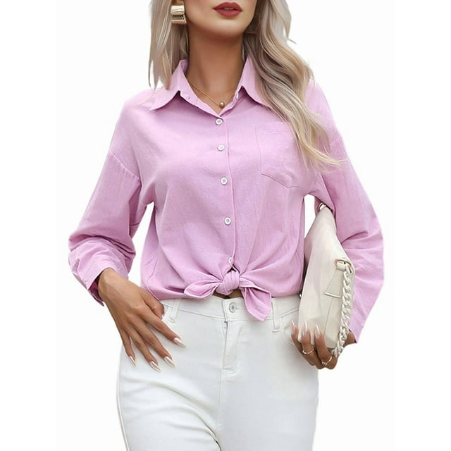 Camisas de Algodón para Mujer, con Botones, Cuello, Larga, Blusas Antiarrugas. Púrpura XXL