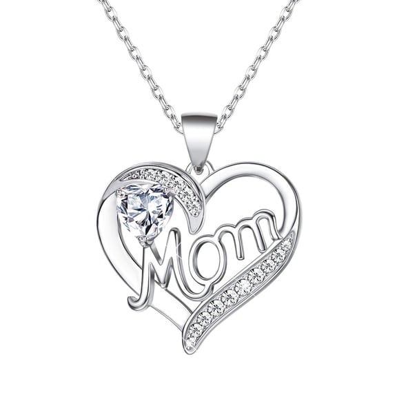 Mom Heart Pendant Necklace, Silver Tone with Heart CZ Stone, Engraved "Mom" Letter | Adjustable Chain | for Mother's Day & Mom Gifts | 3 Colors
