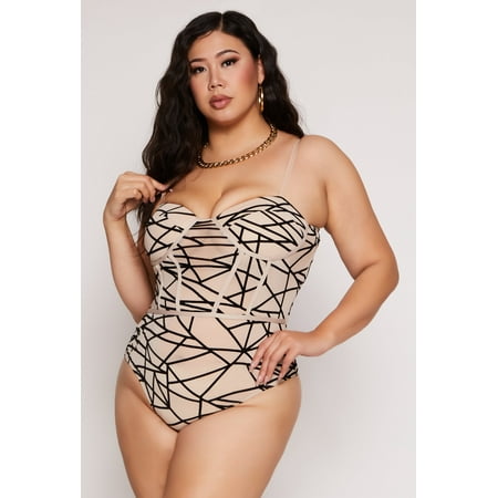 Womens Plus Size Velvet Burnout Patterned Bustier Bodysuit
