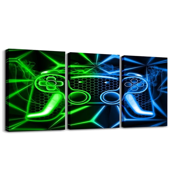 Erosebridal Gaming Gamer Paintings Wall Decor Framed, Contemporary Stripe Wall Hanging Decor Bedroom, Neon Gradient Gamepad Wall Decorations for Living Room, Luxury Bedroom Decorative