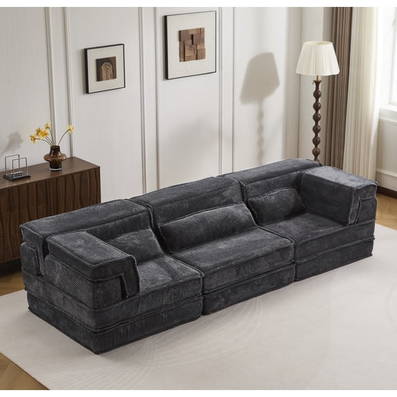 Oufan 118.11" Compression Mahjong Sofa, 3-Seater Sofa with Deep Seat, Floor Sofa with Pillow, Boneless Modular Sofa for Living Room, Bedroom, No Assembly Required