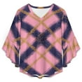 thumbnail image 4 of Pink And Purple Plaid Pattern Women's V-Neck Blouse With 3/4 Ruffled Bell Sleeves Casual Top Ladies Blouses, 4 of 7