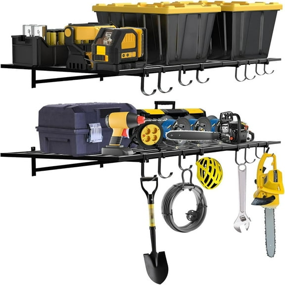 2 Pack Garage Wall Shelves, 2x4ft Garage Storage Shelving Wall Mounted,Storage Shelf with Hooks, Heavy Duty Warehouse Wall Shelves, Shelf Garage Organization System, Shelves Racks Units, Holds 200Lbs