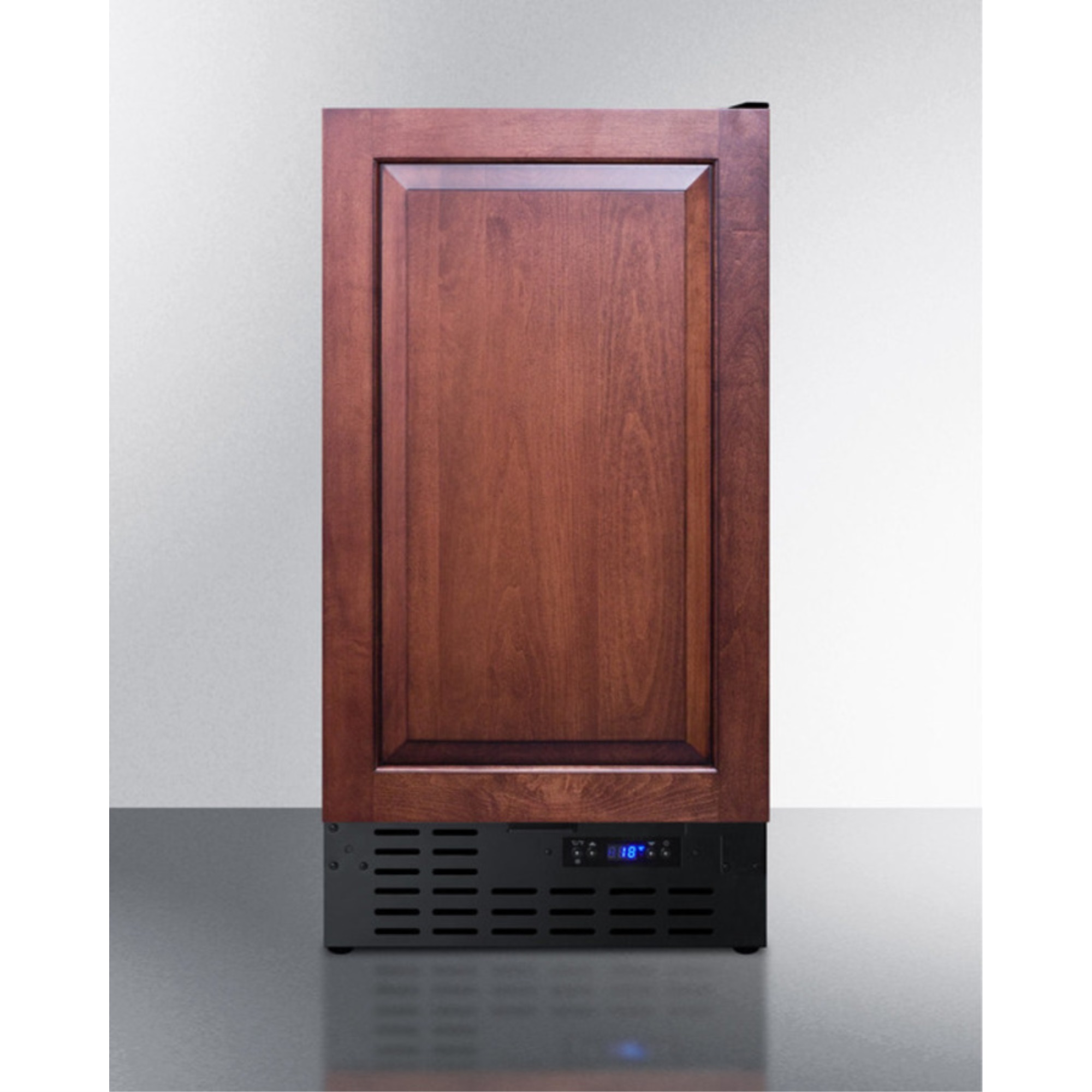ADA compliant 18" wide frost-free freezer in black for built-in or freestanding use, with integrated door frame for overlay panels