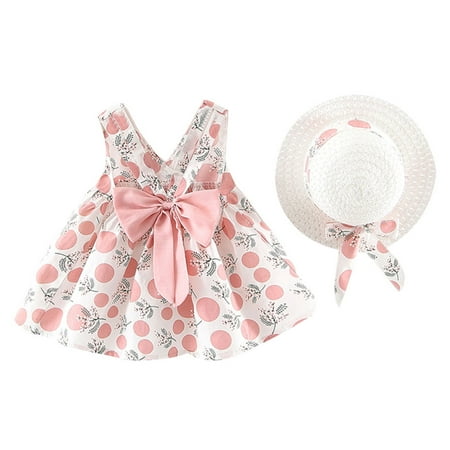 

nsendm Toddler Outfits Dot Baby Sleeveless Kids Bow Hat Strap Print Toddler Dresses Dresses with Sleeves for Girls Pink 100