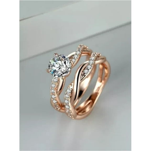 TAAPSEE JEWELS 14k Rose Gold Plated Wedding Bridal Ring Set in Round Cut Cubic Zirconia for Women