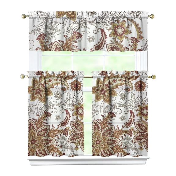 Bohemian Tier Kitchen Curtains Set of 3 - Artistic Chic Paisley Design, Semi-Sheer Caf Curtains with Valance (54x18   27.5x36x2), Rod Pocket Window Treatment Panels