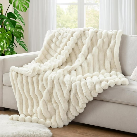 Hyde Lane Ultra Soft Faux Rabbit Fur Throw Blanket, Warm Plush Striped Blankets Twin Size – Luxury Home Decor, Fluffy Throws for Couch, Chair, Sofa, 750GSM (Cream, 60"x80")
