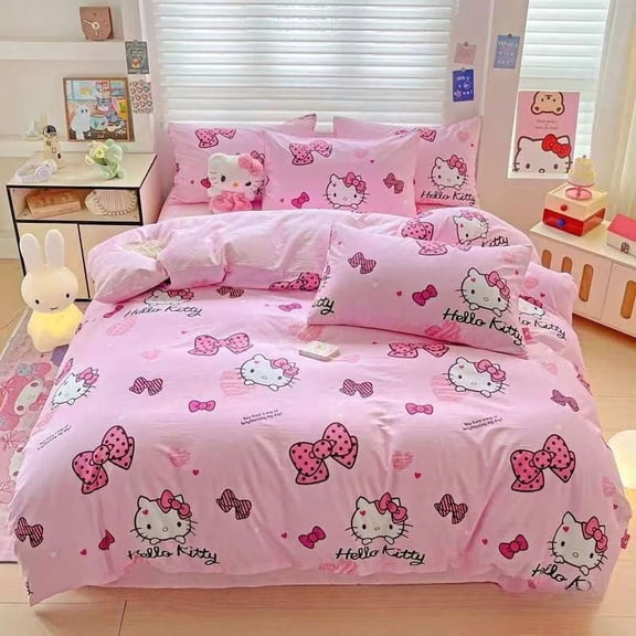 Cartoon KT Cat Kuromi Duvet Cover Flat Bed Sheet Pillowcase Four-piece Set  Three-piece Set Home and Dormitory Bedding Sets