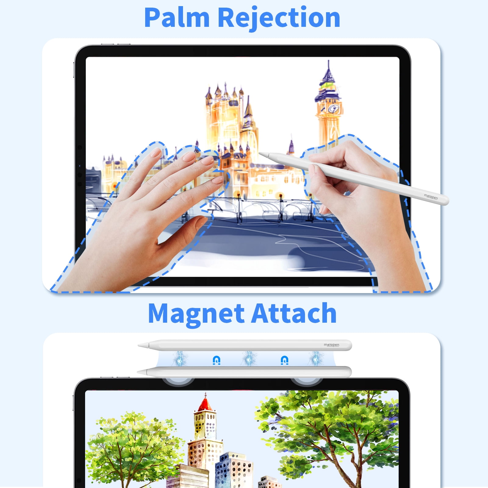 Metapen Wireless Charge Stylus Pen for iPad Air 5/4, iPad 11" Pro 4th~1st, iPad Pro 12.9" 6th~3rd Gen, iPad mini 6 with Palm Rejection