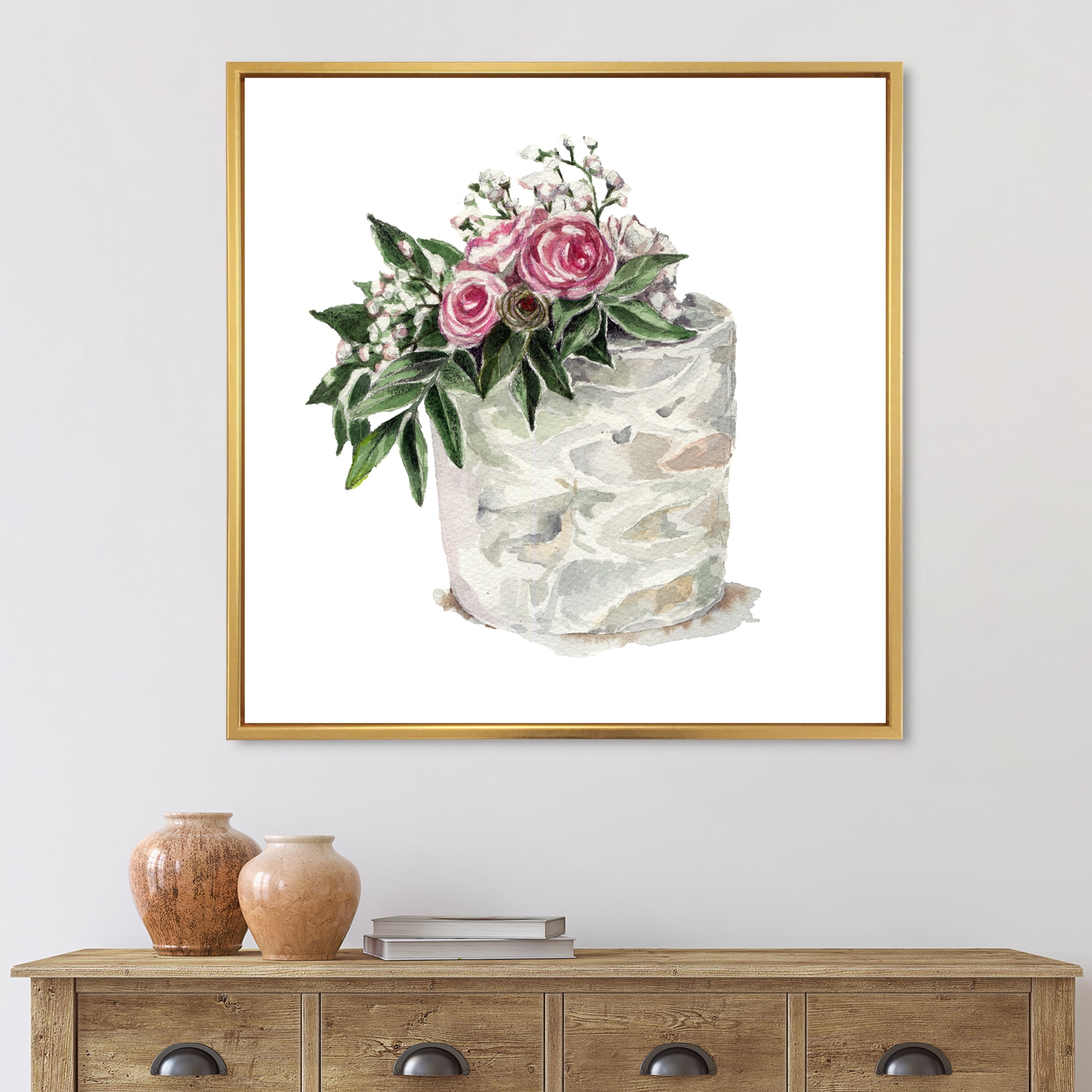 Designart 'White Flowers and Pink Roses On Cake' Traditional Framed Canvas Wall Art Print